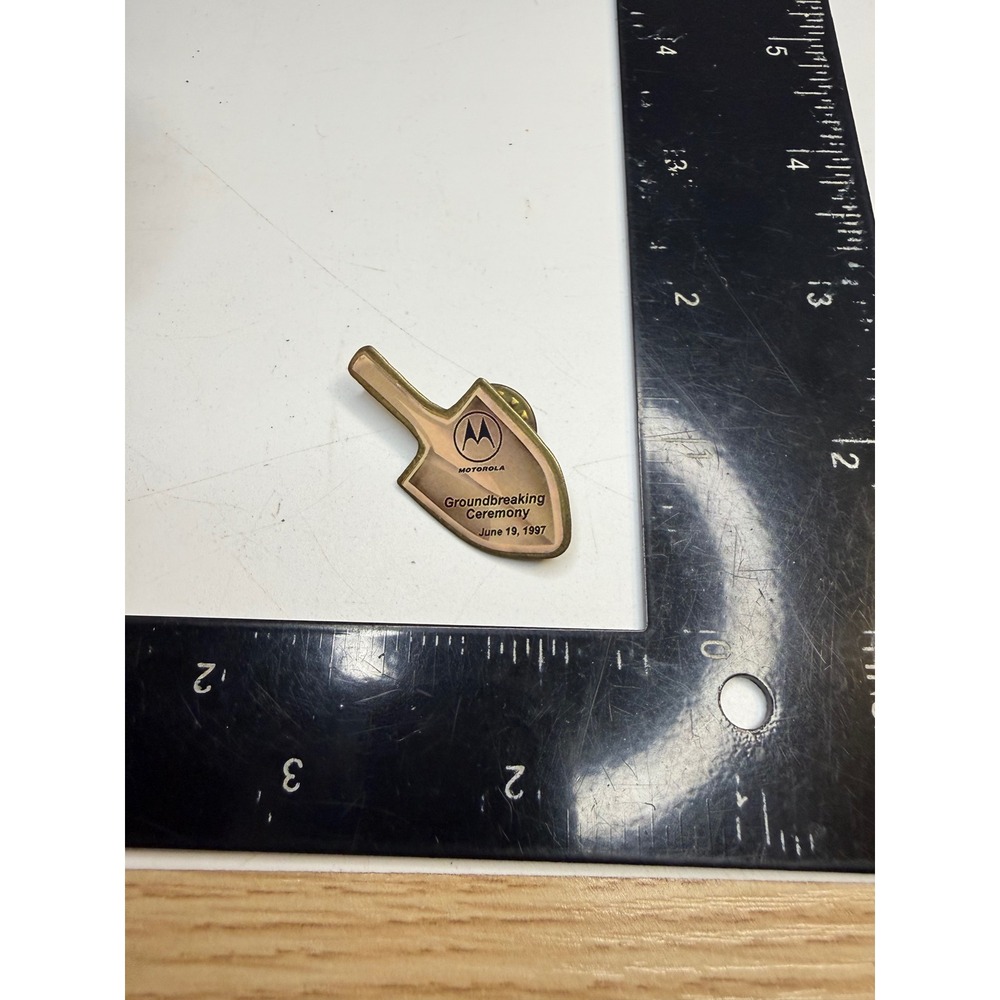 Vintage Motorola Groundbreaking Ceremony Pin June 19 1997 Shovel Gold Tone Logo - Picture 2 of 3